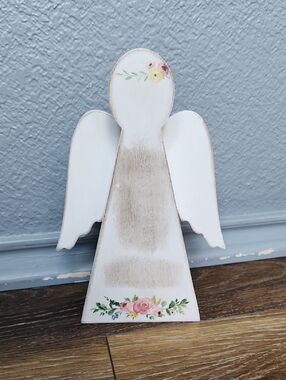 White Wood Angel Pink Yellow Blue Flowers Green Leaves